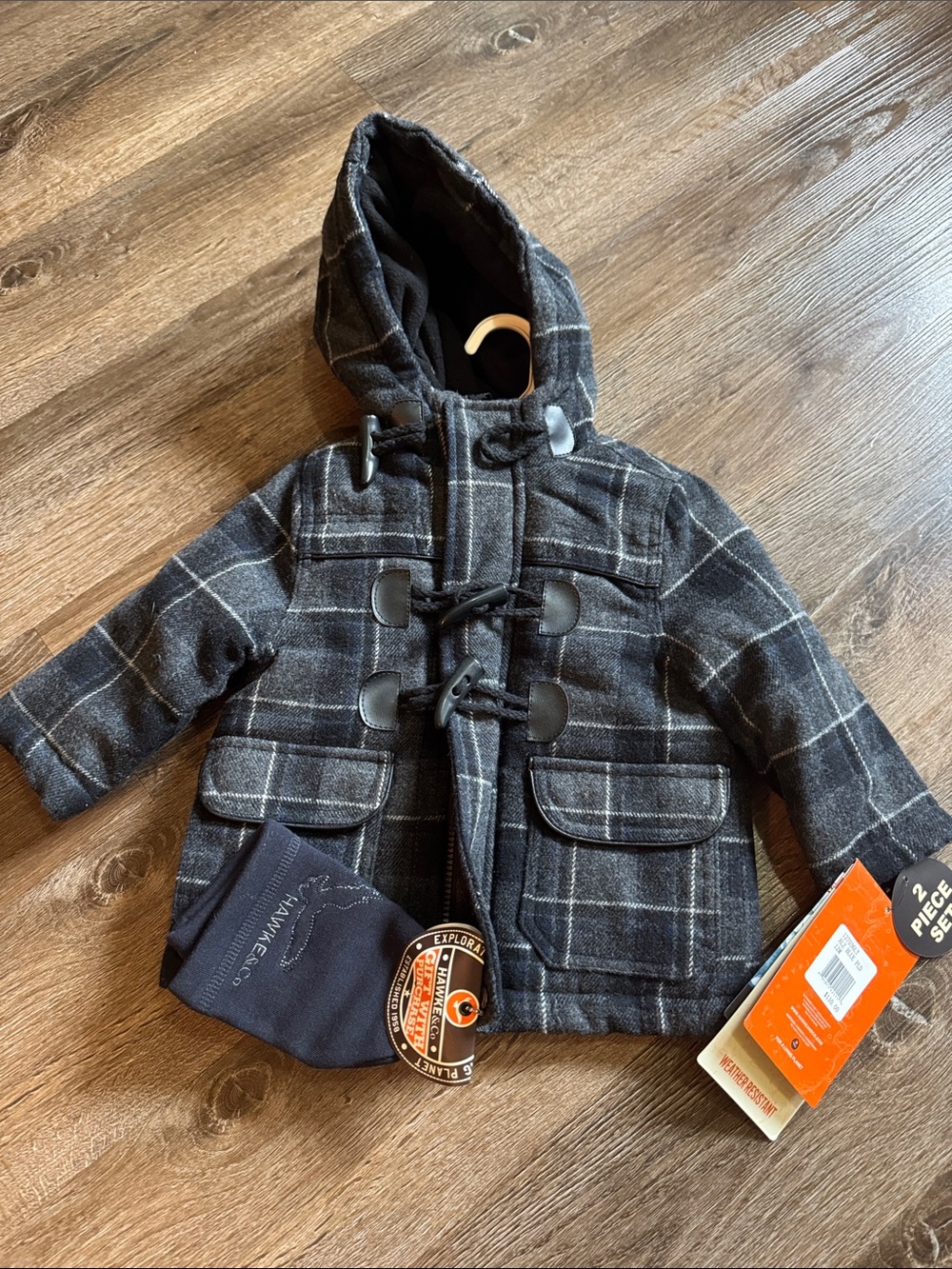 Hawke and Co Kids Hooded Weather Resistant Coat - Dark Gray and Blue Plaid